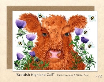 Scottish Highland Calf in the Thistles Cow and Flowers Card Watercolor Art Card Customizable Blank Greeting Card