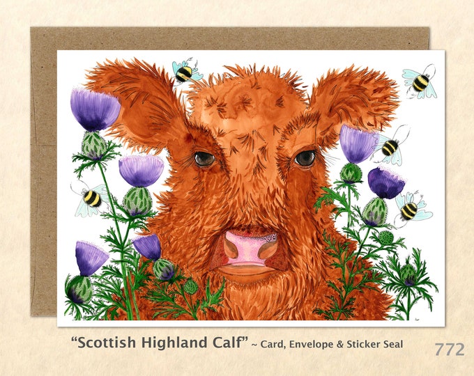 Scottish Highland Calf in the Thistles Cow and Flowers Card Watercolor Art Card Customizable Blank Greeting Card