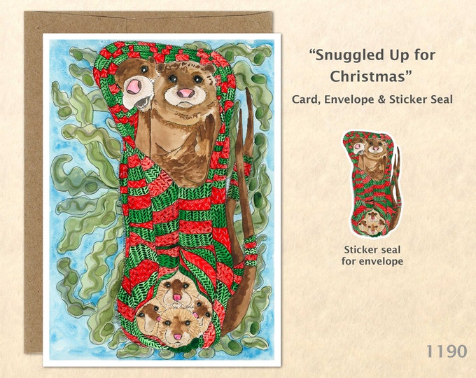 Otter Family Snuggled up for Christmas Holiday Note Card Blank Watercolor Card Art Card Note Card