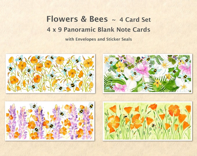 Flowers and Bees 4 Card Set Poppies Lupine Trillium Ferns Honey Bees Blank Note Cards Garden Cards Floral Cards Watercolor Art Cards