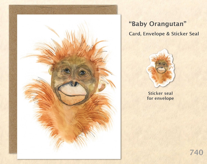 Baby Orangutan Card Cute Baby Animals Baby Animal Cards Blank Note Card Art Cards Greeting Cards