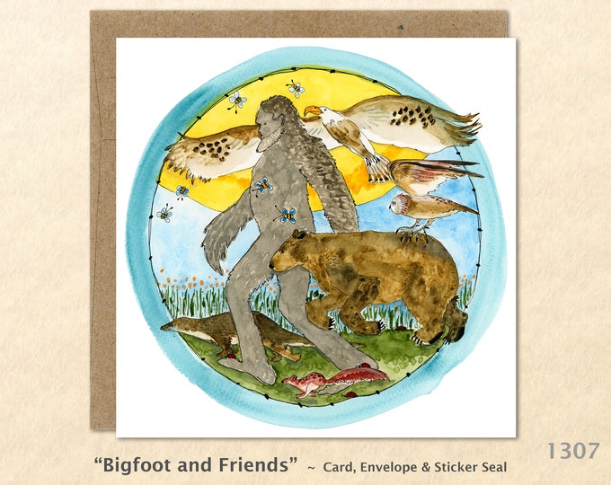 Bigfoot and Friends Note Card Bear Eagle Owl Otter Customizable Blank Note Card Yeti Sasquatch Watercolor Art Cards Greeting Cards