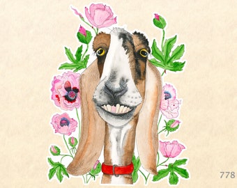 Goat and Pink Flowers Sticker Goofy Animal Sticker Flower Sticker Watercolor Art Sticker Scrapbook Sticker Phone Android Macbook Decal