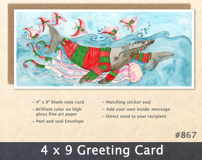 Christmas Card Whales and Friends Dressed for Christmas Note Card Blank Watercolor Card Art Card Note Card