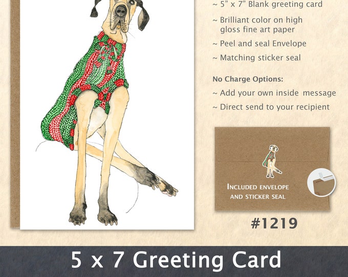 Great Dane Dressed for Christmas Note Card Dog Card Holiday Note Card Customizable Blank Watercolor Art Card