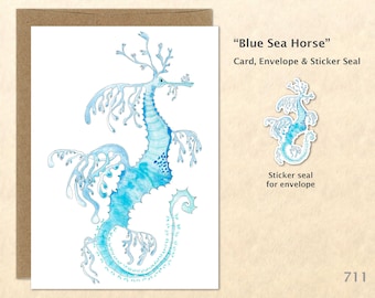Blue Sea Horse Note Card Beach Card Nautical Card Customizable Blank Note Card Watercolor Art Card Greeting Card