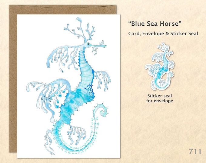 Blue Sea Horse Note Card Beach Card Nautical Card Customizable Blank Note Card Watercolor Art Card Greeting Card