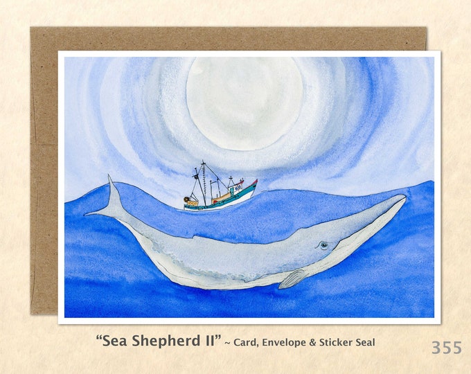 Whale and Boat Note Card Blue Whale Card Fishing Boat Card Watercolor Art Blank Note Card Greeting Card Customizable