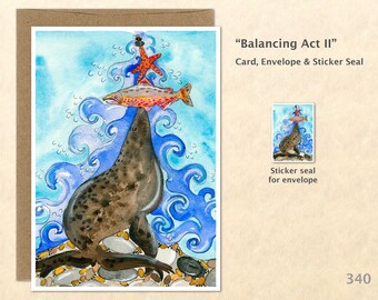 Sea Lion Note Card Fish and Starfish Note Card Blank Note Card Watercolor Art Card Customizable Greeting Card