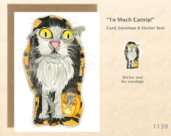 Halloween Cat had Too Much Catnip Greeting Card Customizable Watercolor Art Card Blank Note Card