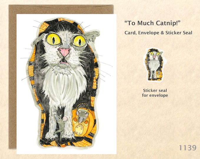 Halloween Cat had Too Much Catnip Greeting Card Customizable Watercolor Art Card Blank Note Card