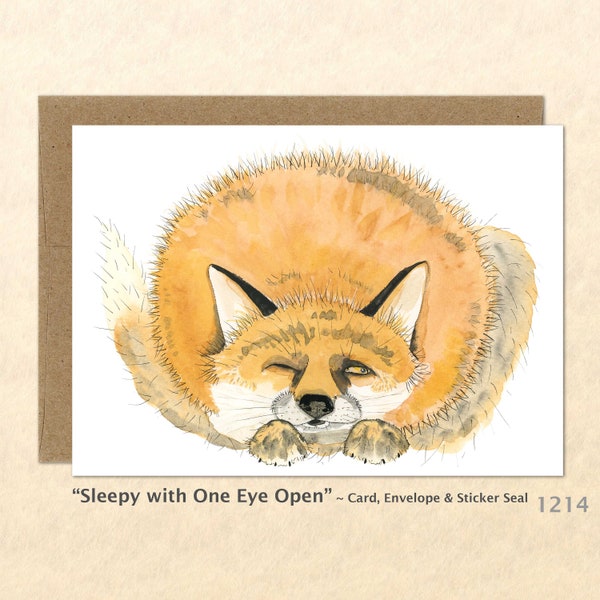 Red Fox Sleeping with One Eye Open Note Card Cute Animal Card Customizable Wildlife Blank Note Card Nature Watercolor Art Card Greeting Card