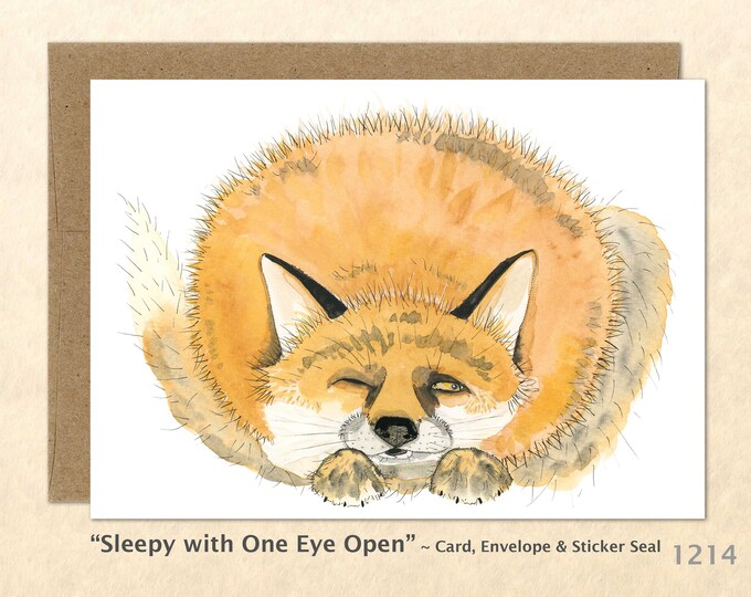 Red Fox Sleeping with One Eye Open Note Card Cute Animal Card Customizable Wildlife Blank Note Card Nature Watercolor Art Card Greeting Card