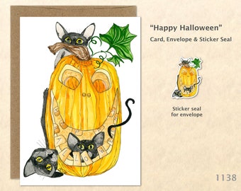 Cats Playing in a Jack-o-Lantern Greeting Card Customizable Watercolor Art Card Blank Note Card