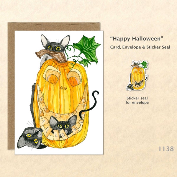 Cats Playing in a Jack-o-Lantern Greeting Card Customizable Watercolor Art Card Blank Note Card