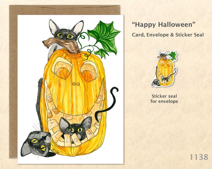 Cats Playing in a Jack-o-Lantern Greeting Card Customizable Watercolor Art Card Blank Note Card