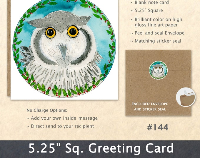 Owl and Holly Christmas Card Card Blank Note Card Art Card Greeting Card Watercolor Card Holiday Card