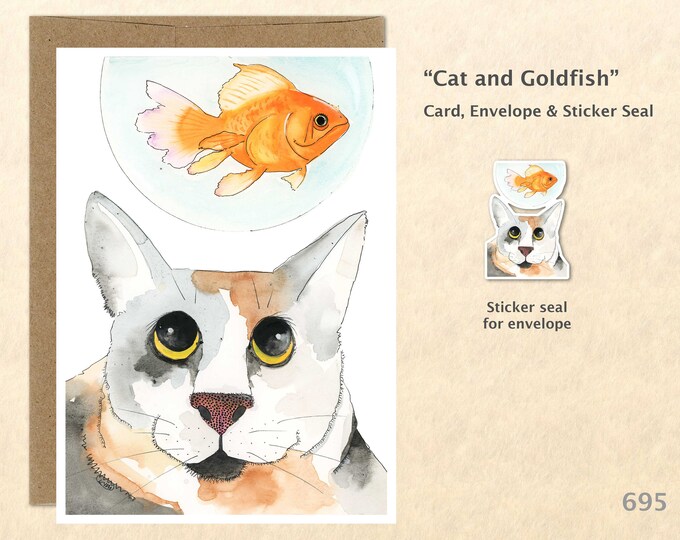 Cat and Goldfish Note Card Tabby Cat Customizable Cards Whimsical Cards Blank Note Card Watercolor Art Cards Greeting Cards