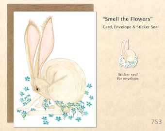 Hare and Flowers Note Card Rabbit and Blue Flowers Easter Bunny Card Customizable Blank Card Cute Cards Watercolor Art Greeting Card