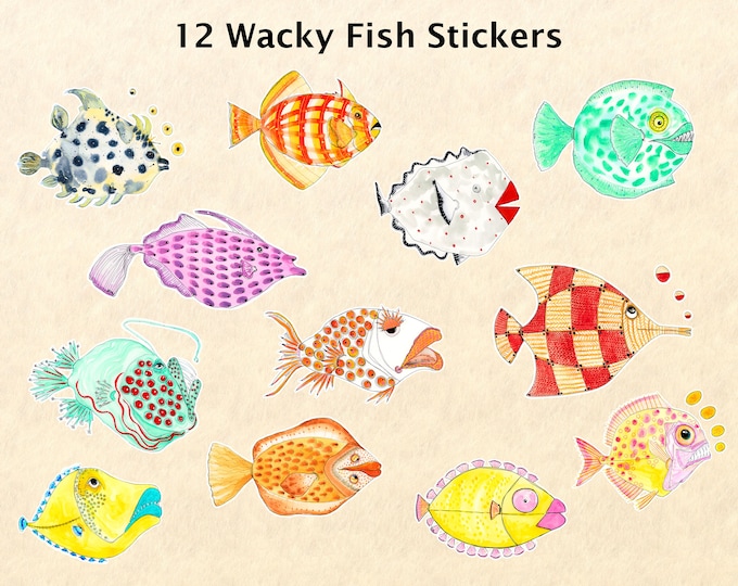 12 Wacky Fish Stickers, Fish Stickers, Fantasy Animal Stickers, Fun Animal Stickers, Water Bottle Stickers, Scrapbook Stickers