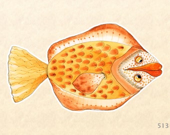 May include: A watercolor painting of a flatfish with orange and yellow scales. The fish has a large, round body and a small, pointed head. The fish's eyes are on the right side of its head, and its mouth is open.
