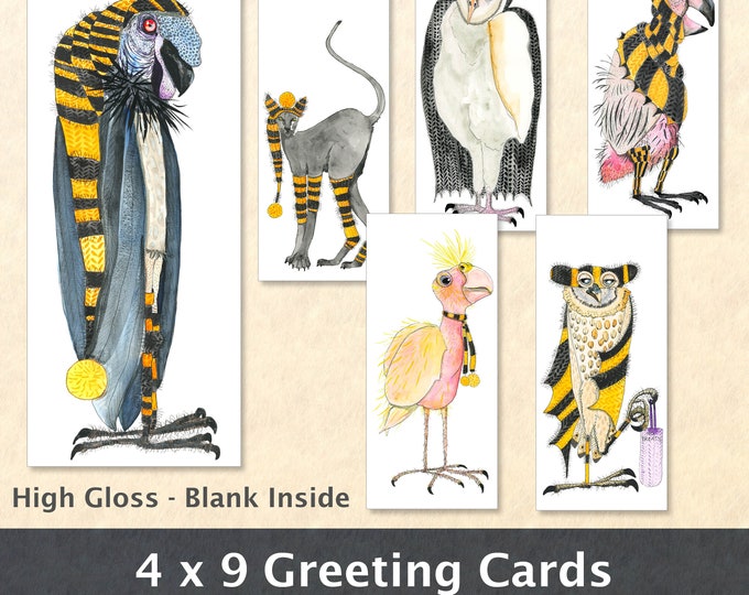 Halloween Cards Singles or 6 Card Set 4 x 9 Black Cat Owl Buzzard Vulture Parrot Costumes Trick or Treat