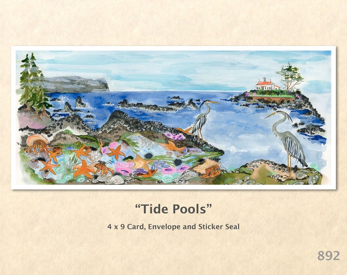 Tide Pools Note Card Beach Scene Seashore Blue Herons Lighthouse Blank Note Card Art Cards Greeting Cards Watercolor Art