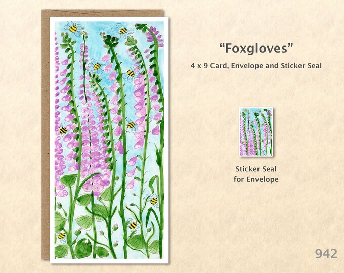 Foxgloves and Bees Flower Note Card Floral Card Customizable Flower Note Card Watercolor Art Greeting Card