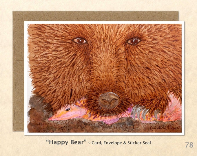 Bear with Salmon Note Card, Bear Cards, Blank Note Card, Wildlife Card, Art Cards, Greeting Cards