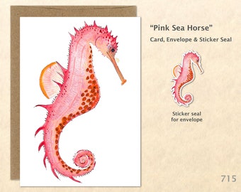 Pink Sea Horse Note Card Beach Card Nautical Card Customizable Blank Note Card Watercolor Art Card Greeting Card