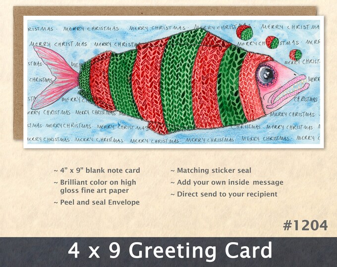 Christmas Card Cozy Fish Dressed for Christmas Note Card Blank Watercolor Card Art Card Note Card