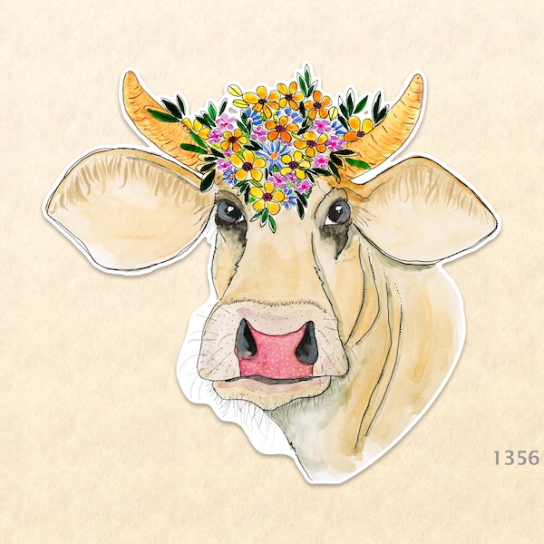 Vache avec coiffe de fleur Autocollant de taureau Autocollant d’animal de ferme Autocollant d’animal amusant Autocollant de bouteille d’eau Autocollant de scrapbooking Aquarelle