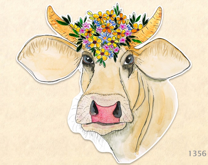 Cow with Flower Headdress Bull Sticker Farm Animal Sticker Fun Animal Sticker Water Bottle Sticker Scrapbooking Sticker Watercolor