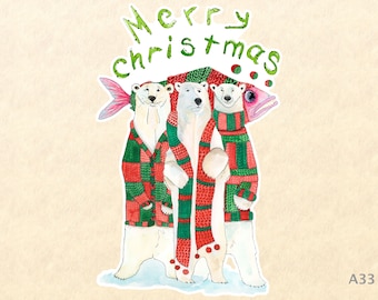 Merry Christmas Sticker 3 Polar Bears and a Fish Gift Wrapping Sticker Laptop Stickers Water Bottle Stickers Scrapbook Stickers Watercolor