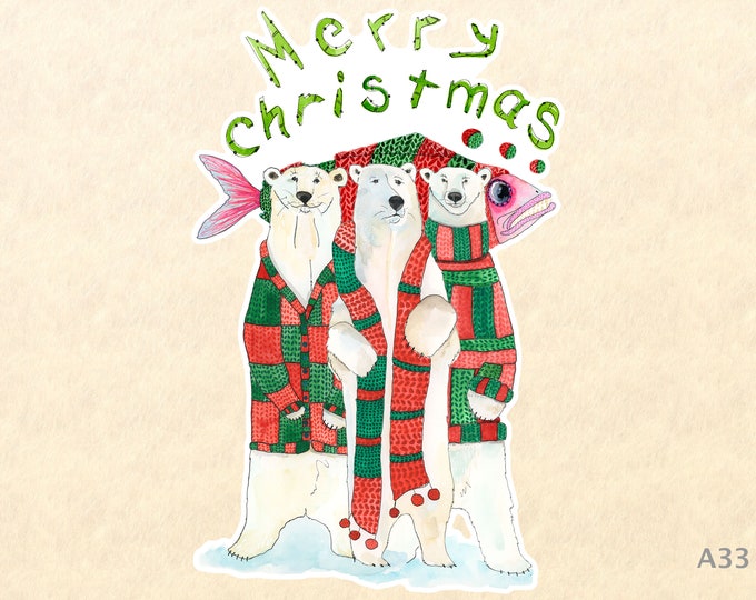 Merry Christmas Sticker 3 Polar Bears and a Fish Gift Wrapping Sticker Laptop Stickers Water Bottle Stickers Scrapbook Stickers Watercolor