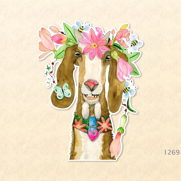 Flower Power Goat Sticker Goat avec Flowered Hedress Sticker Flower Sticker Watercolor Art Sticker Scrapbook Sticker