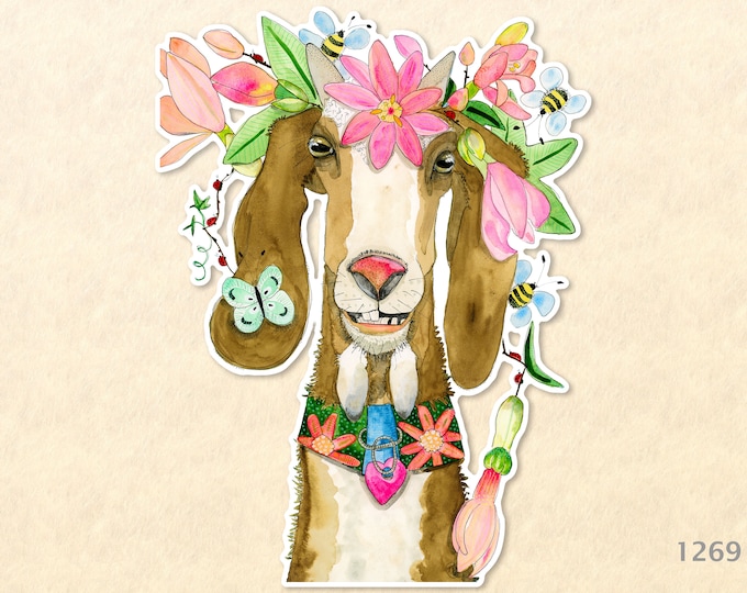 Flower Power Goat Sticker Goat with Flowered Headdress Sticker Flower Sticker Watercolor Art Sticker Scrapbook Sticker