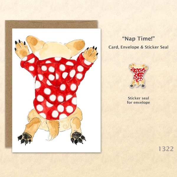Cute Napping Dog in Red Polka Dots Note Card Customizable Blank Note Card Watercolor Art Cards Greeting Cards