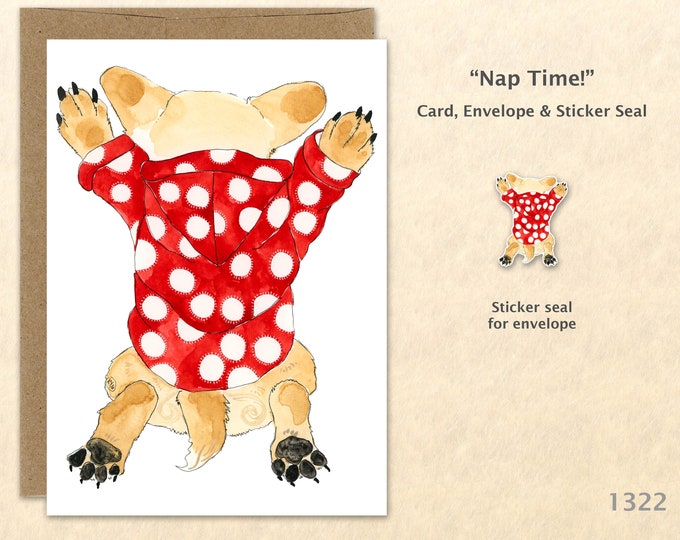 Cute Napping Dog in Red Polka Dots Note Card Customizable Blank Note Card Watercolor Art Cards Greeting Cards