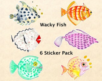 Wacky Fish 6 Sticker Set Fish Stickers Fantasy Fish Stickers Fun Animal Stickers Water Bottle Stickers Scrapbook Stickers Watercolor Art