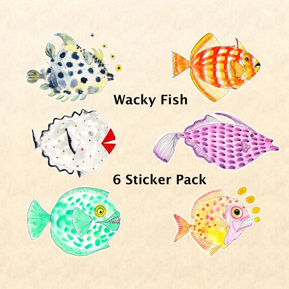 Wacky Fish 6 Sticker Set Fish Stickers Fantasy Fish Stickers Fun
