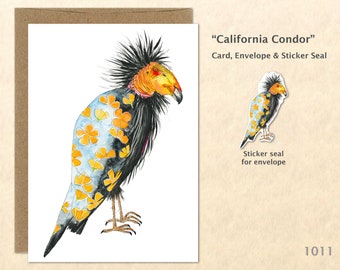 California Condor and Poppies Note Card Endangered Animals Card Bird Card Cool Animal Card Customizable Blank Note Card Art Greeting Card