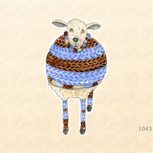 May include: A white sheep wearing a blue and brown striped scarf. The sheep has a serious expression on its face.