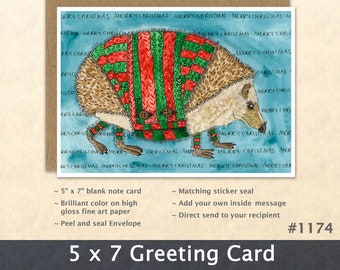 Merry Christmas Hedgehog Card Customizable Holiday Note Card Blank Watercolor Card Art Card Note Card