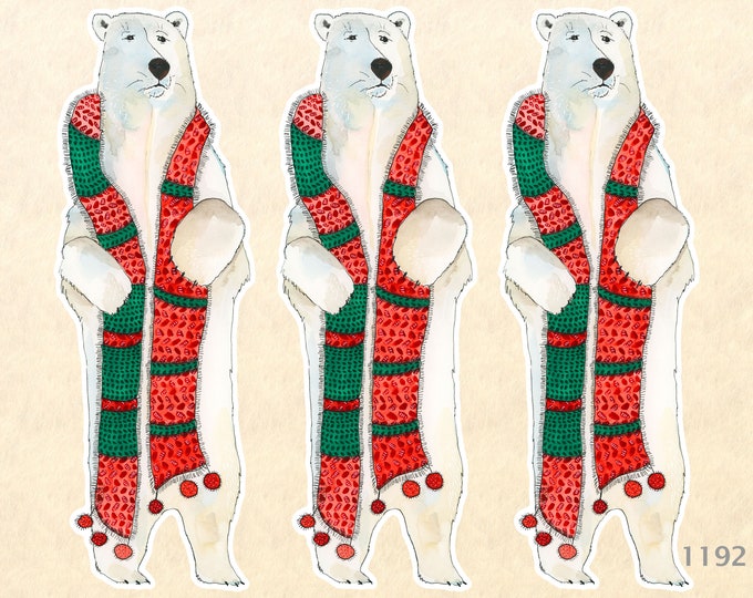 Polar Bear in a Christmas Scarf  Set of Three Stickers Gift Wrapping Stickers Laptop Stickers Water Bottle Stickers Scrapbook Stickers