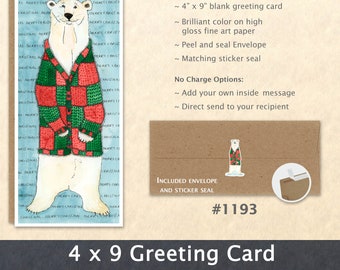 Christmas Card Polar Bear in a Christmas Cardigan Note Card Blank Watercolor Card Art Card Note Card