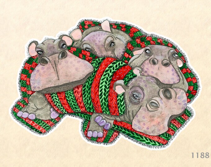 Hippos Wating for Santa Sticker Christmas Gift Wrapping Sticker Holiday Sticker Water Bottle Stickers Scrapbook Stickers