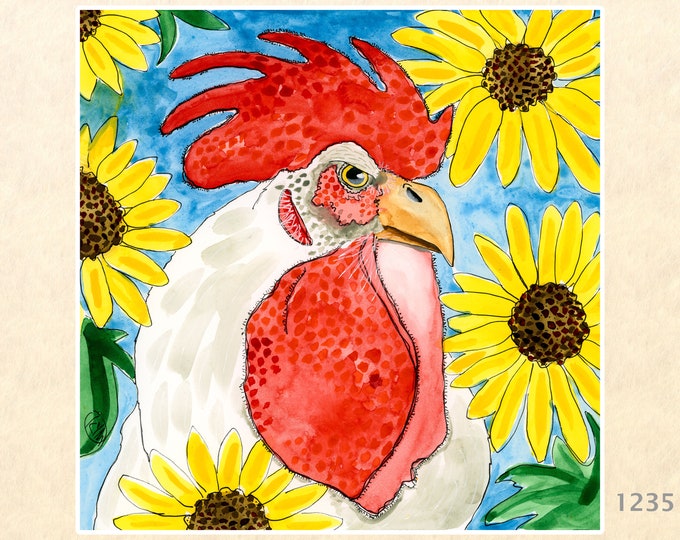 Rooster and Sunflowers Sticker Chicken Sticker Flower Sticker Farm and Garden Cockeral Sticker