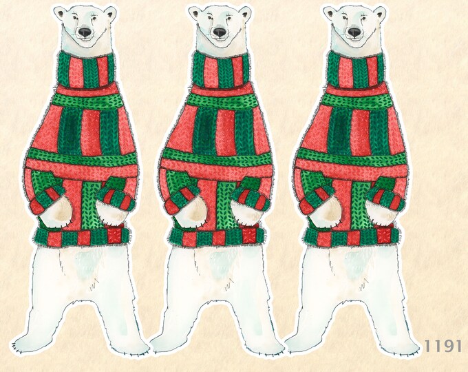 Set of Three Polar Bear in a Christmas Turtleneck Sweater Stickers Gift Wrapping Sticker Water Bottle Stickers Scrapbook Stickers