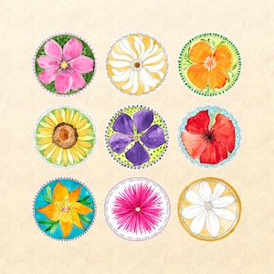 Conjunto de adesivos florais com 9 adesivos florais em aquarela, adesivos de jardim, cosmos, margarida, califórnia, papoula, girassol, pervinca, lírio, aster, clematis